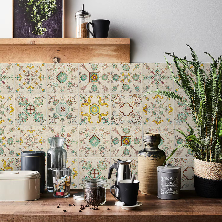 24 Stück selbstklebende PVC-Fliesenaufkleber mit Retro-Muster in Gelb und Multicolour, wasserdicht und ölbeständig, quadratisch - Bild 2