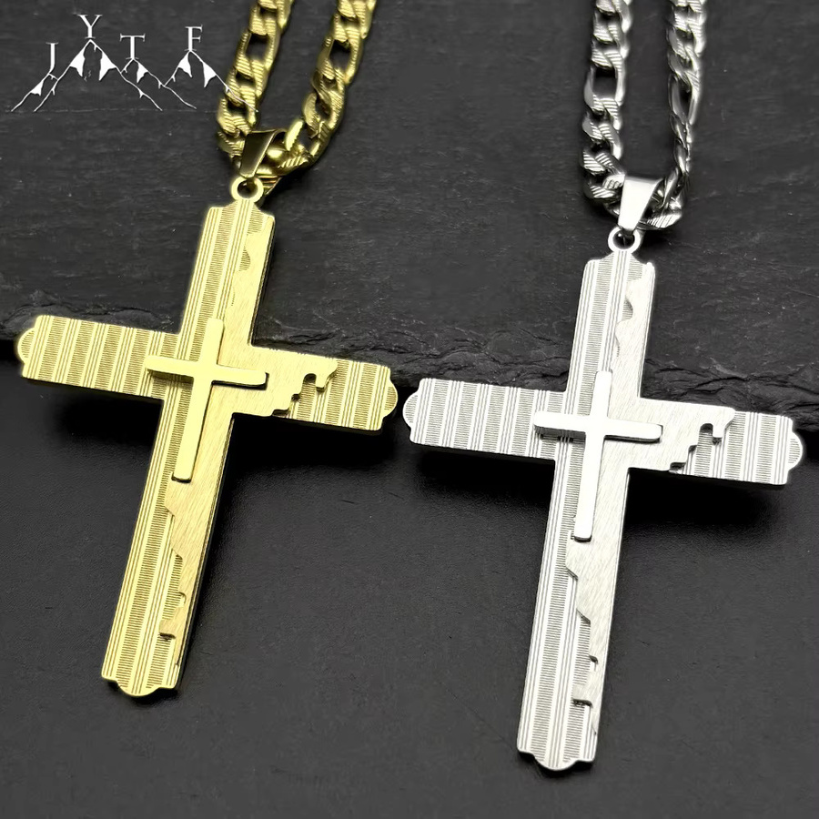 JYTF Halskette Edelstahl, Doppelschicht Kreuz Anhänger, Bicolor, Unisex - Bild 2