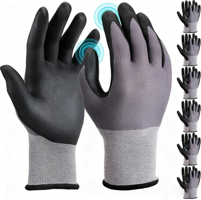 YUMARCH Sicherheits-Arbeitshandschuhe aus Nylon mit Nitril-Beschichtung in Grau, 6er-Pack - Bild 1