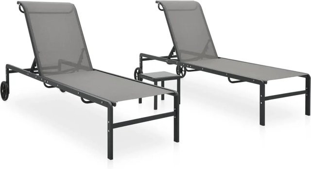 vidaXL Sonnenliegen Set aus 2 Stück mit Tisch in Grau aus Textilene und Stahl, B/T/H: 208,5 x 73 x 38 cm - Bild 1