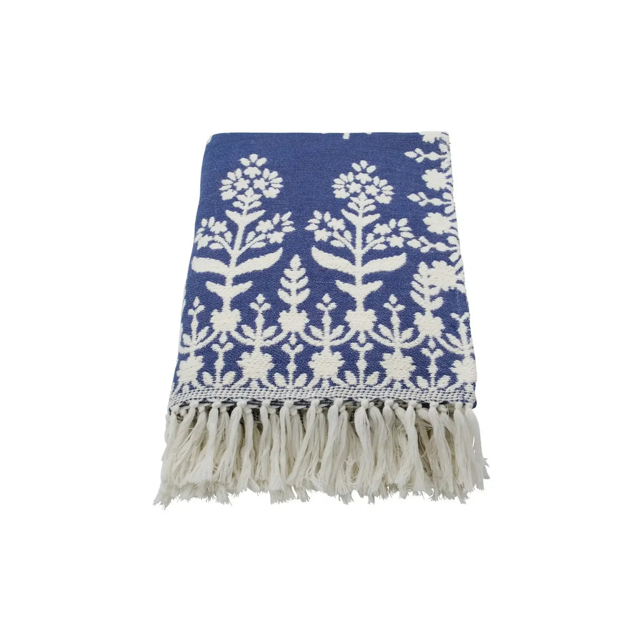 House Doctor Plaid Mazzo blau aus Baumwolle mit floralem Muster, B/T: 140 x 200 cm - Bild 1