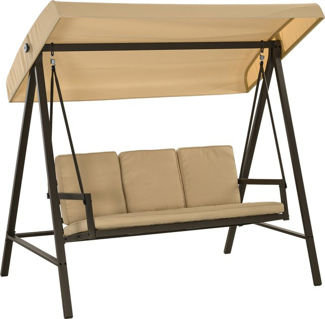 Outsunny 3-Sitzer Hollywoodschaukel mit verstellbarem Sonnendach und abnehmbaren Kissen, Beige-Braun, B/T/H: 200 x 125 x 175 cm - Bild 1