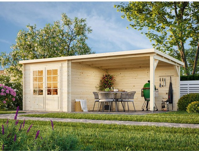 Palmako Ella Blockbohlenhaus aus Fichtenholz in Hellbraun mit Flachdach und modernem Design B/H/T: 614 x 214 x 300 cm - Bild 1