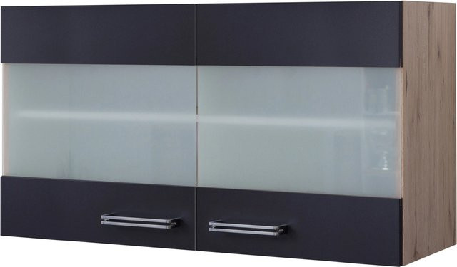 Flex-Well Küchen-Glas-Hängeschrank mit 2 Glas-Drehtüren in Anthrazit und Eiche hell, B/T/H: 100 x 32 x 54,8 cm - Bild 1