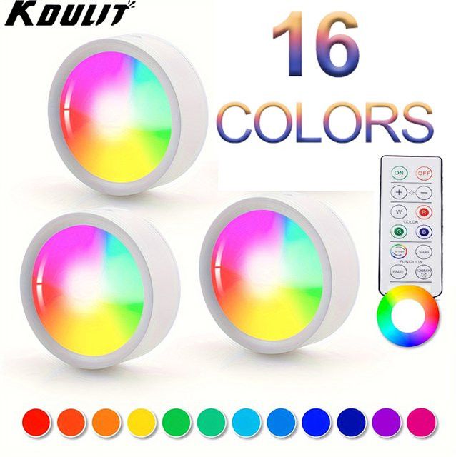 KDULIT LED-Puck-Leuchten 3er-Pack mit Farbwechsel, batteriebetrieben und IR-Fernbedienung zur kabellosen Unterschrankbeleuchtung - Bild 1