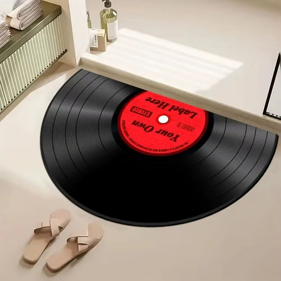 VIKAMA Vinyl-Badematte im Schallplatten-Design, rund, schwarz, rutschfest und wasserabsorbierend, Durchmesser: 60 cm - Bild 2