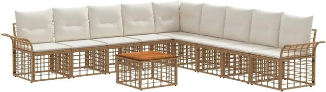 vidaXL Outdoor-Sofagarnitur 10-teilig in L-Form mit Polsterung und Kissen, Natur und Cremeweiß, wetterfestes Polyester und pulverbeschichteter Stahl - Bild 1