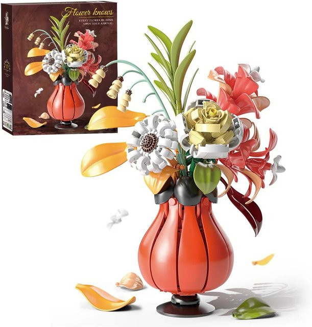 Rose Sonnenblume Tulpe Bausteine Blumenstrauß Vase, Modell Steine Set, ab 14 Jahren - Bild 1