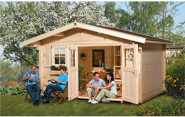 Weka Gartenhaus Verona A aus Fichtenholz in Braun mit Satteldach und Vordach, B: 340 cm, T: 250 cm - Bild 1