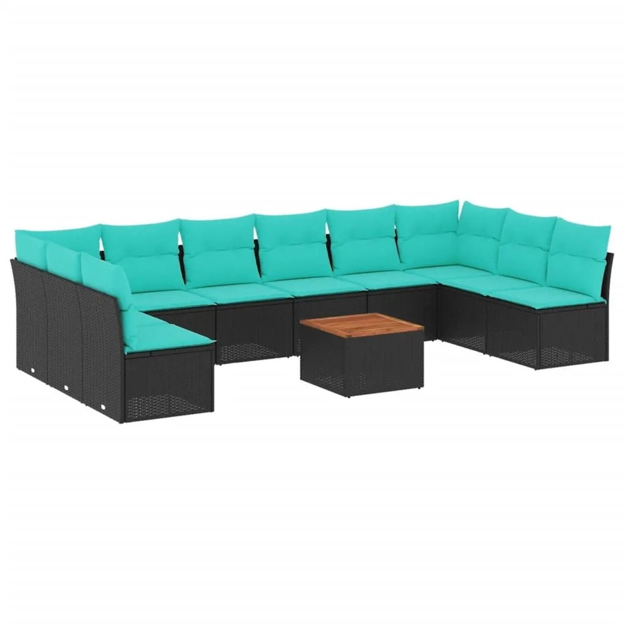 vidaXL 11-tlg. Garten-Sofagarnitur in L-Form aus Poly-Rattan mit Kissen und Couchtisch, Schwarz und Blau - Bild 1
