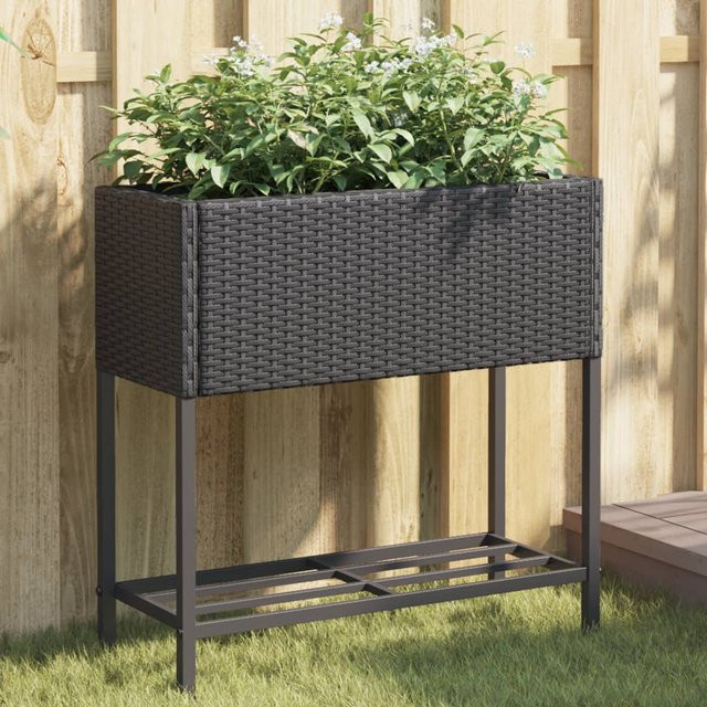 vidaXL Pflanzkübel mit Ablage aus PE-Rattan und pulverbeschichtetem Stahl in Schwarz, B/T/H: 70 x 70 x 70 cm - Bild 3
