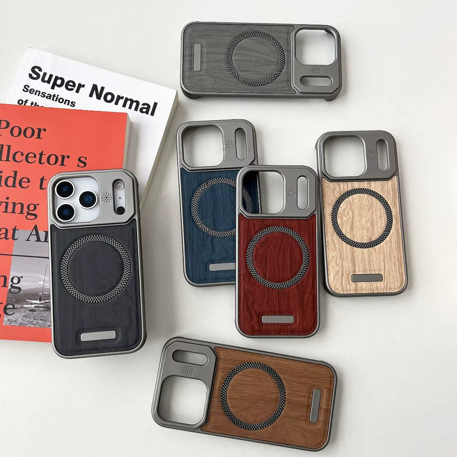 Huyangmu Leder-Handyhülle mit Holzmaserung und magnetischer Absaugung passend für Apple iPhone 17, 16, 15, 14, 13, 12 Pro Max in Metallfarbe - Bild 5
