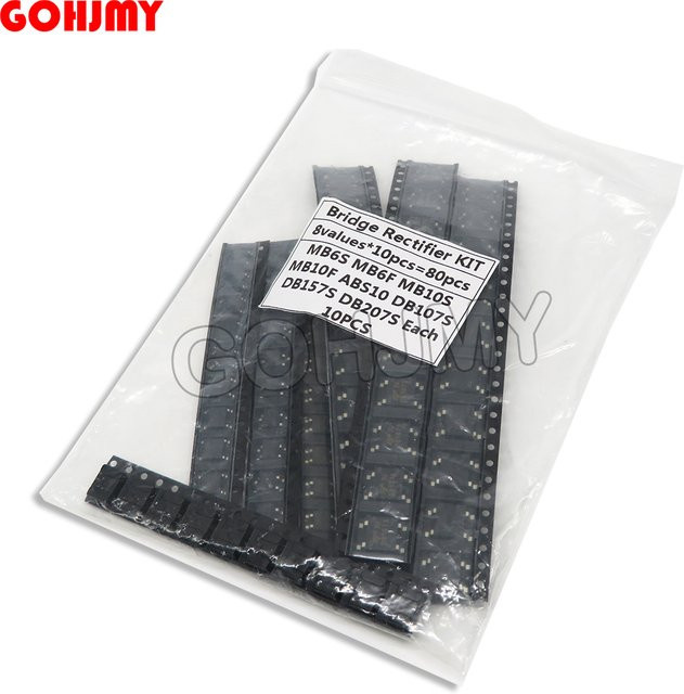 GOHJMY Brückengleichrichter-Sortiment-Set in Schwarz, 80 Stück (8 Werte à 10 Stück), inklusive MB6S, MB6F, MB10S, MB10F, ABS10, DB107S, DB157S, DB207S - Bild 1