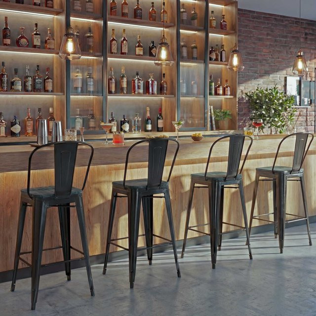 4er-Set Barhocker MCW-A73 mit Lehne aus Metall und Holz in Schwarz im Industriedesign - Bild 1