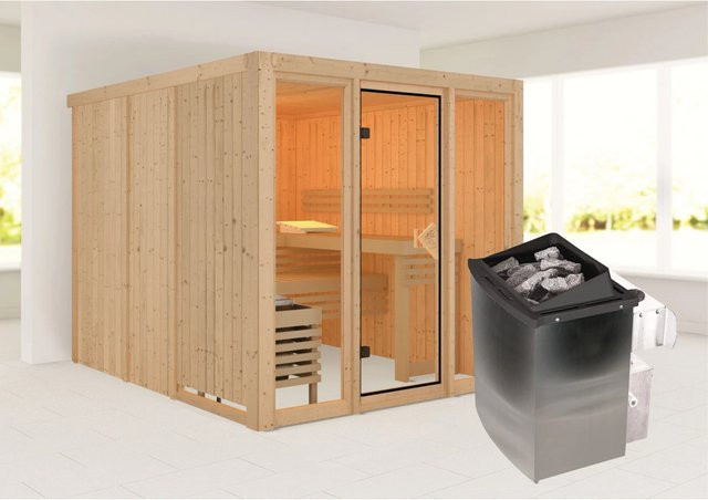 Karibu Sauna Svava Natur mit Glasfront, Ofen 9 kW und integrierter Steuerung, Braun - Bild 1