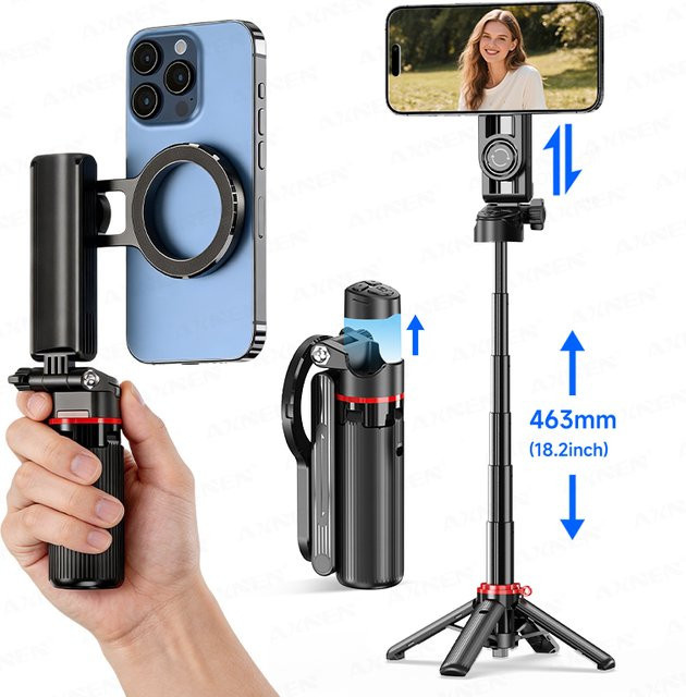 Axnen Magnetischer Mini-Selfie-Stick Stativ mit Gimbal und kabelloser Fernbedienung für Smartphones in Schwarz - Bild 1