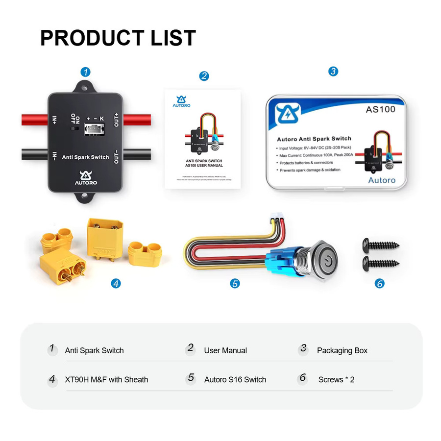 Autoro AS100 Anti-Funken-Netzschalter 100 A 84 V DC mit XT90-Anschluss in Schwarz für ESC, Elektro-Skateboard, Roller, RC, Auto, Boot und E-Bike - Bild 4
