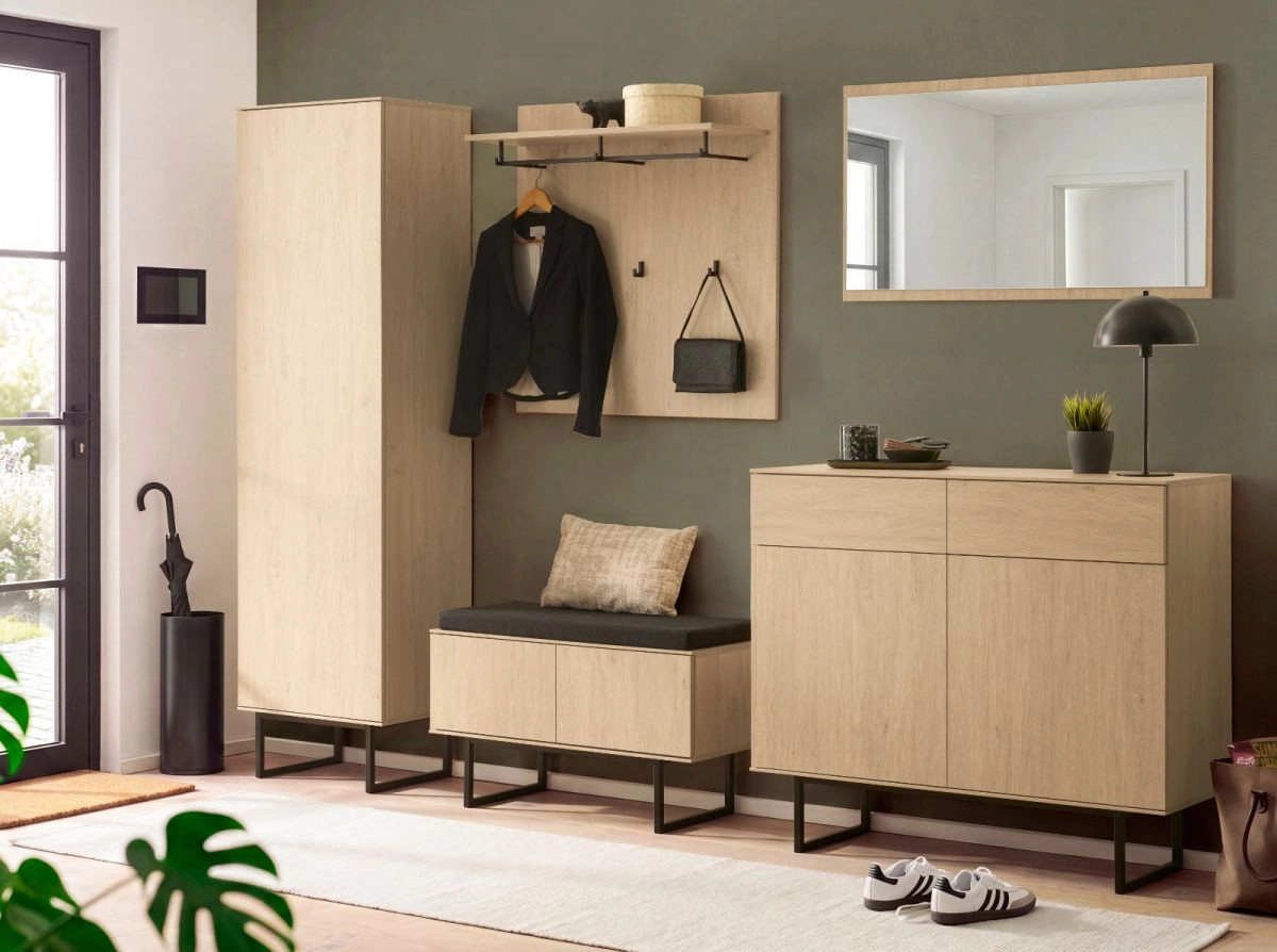 Garderobe Sitzbank Breda Schuhschrank in Eiche mit beige Stoffpolsterung, Breite: 90 cm - Bild 5