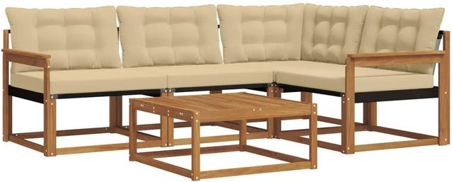 vidaXL Outdoor-Sofagarnitur 5-teilig in L-Form aus massivem Akazienholz mit Textilene und beige Kissen - Bild 1