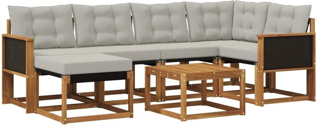 vidaXL Outdoor-Sofagarnitur aus Akazienholz und Textilene mit 7 Kissen in Natur und Grau - Bild 1