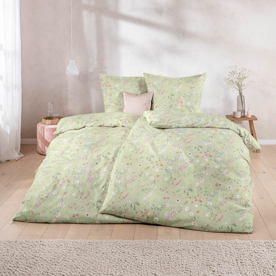 Estella Mako-Satin Bettwäsche Dilara Reseda Grün Streublümchen mit Bettbezug und Kissenbezug, B/H: 155 x 220 cm und 80 x 80 cm - Bild 1