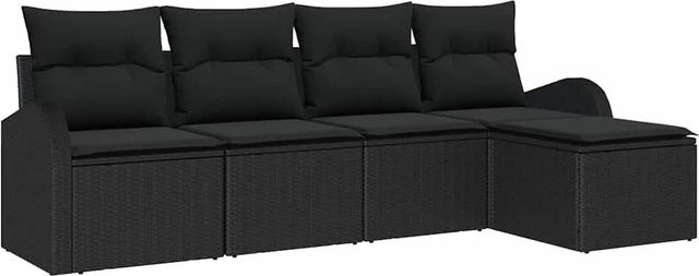 vidaXL Garten-Sofa-Set aus Poly-Rattan in Schwarz, 5-teiliges Lounge-Set mit Kissen und Metallrahmen - Bild 1