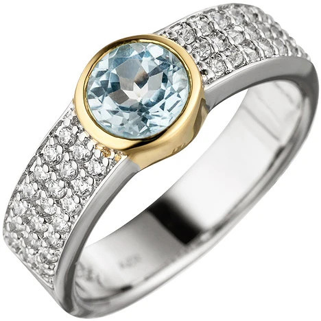 Colfem Ring 925 Silber bicolor vergoldet, Blautopas, Zirkonia, Damen, Ringgröße 58 - Bild 1
