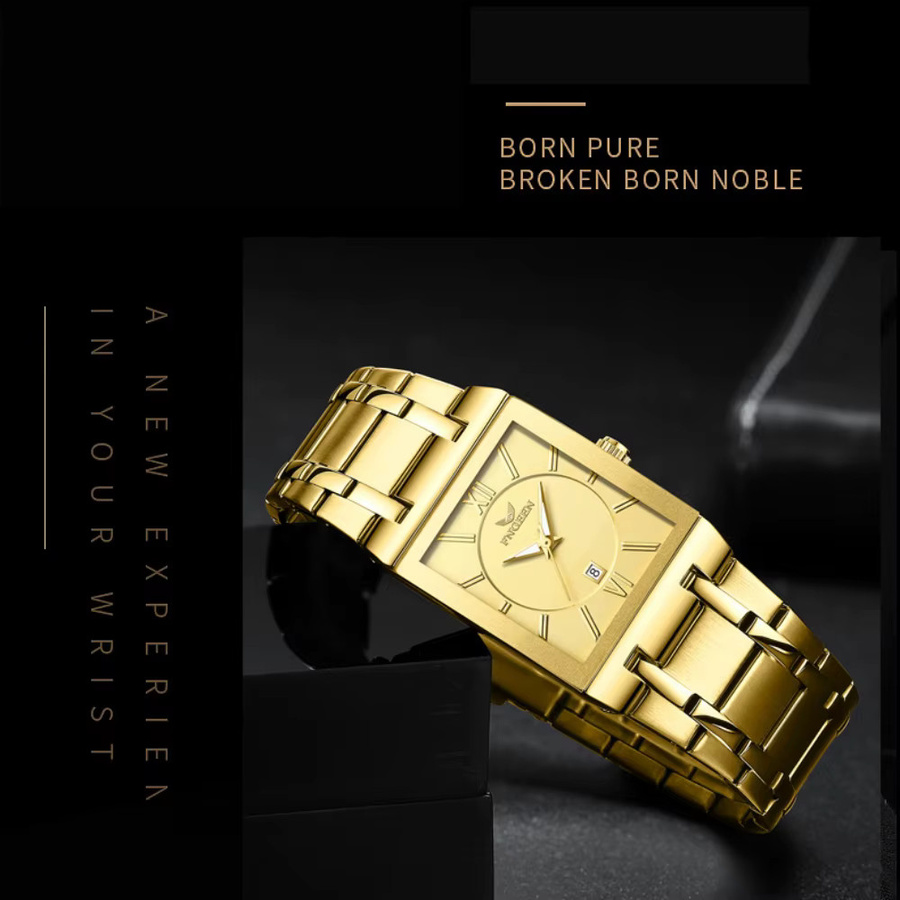 Fngeen Armbanduhr Quarz, Edelstahl, Gold, Herren, Datum, Rechteckig - Bild 4
