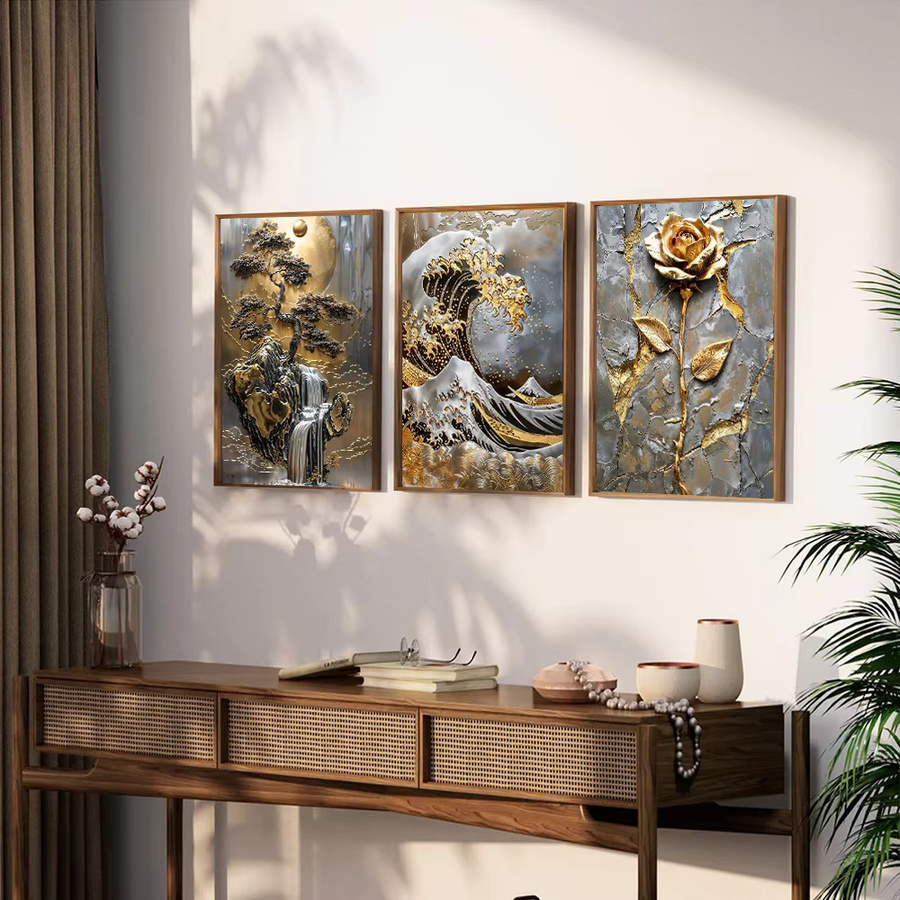 Abstraktes Leinwandgemälde von Potdemiel mit goldenem Baum und Mond in minimalistischem Design - Bild 1