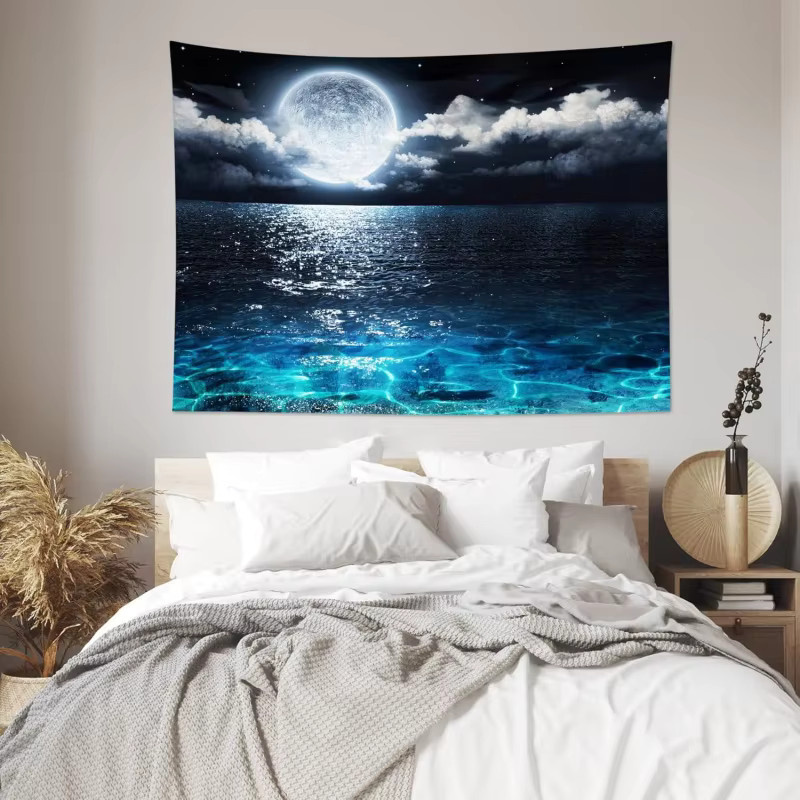VIKAMA Wandteppich mit blauem Meeresnachthimmel und Mond über dem Ozean, Boho-Landschaft als Wanddekoration - Bild 3