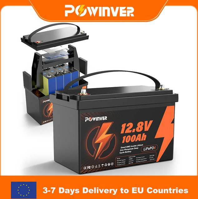 POWINVER 12V 100Ah LiFePO4 Lithium-Batterie mit integriertem BMS in Schwarz für Solar, RV und Marine - Bild 1