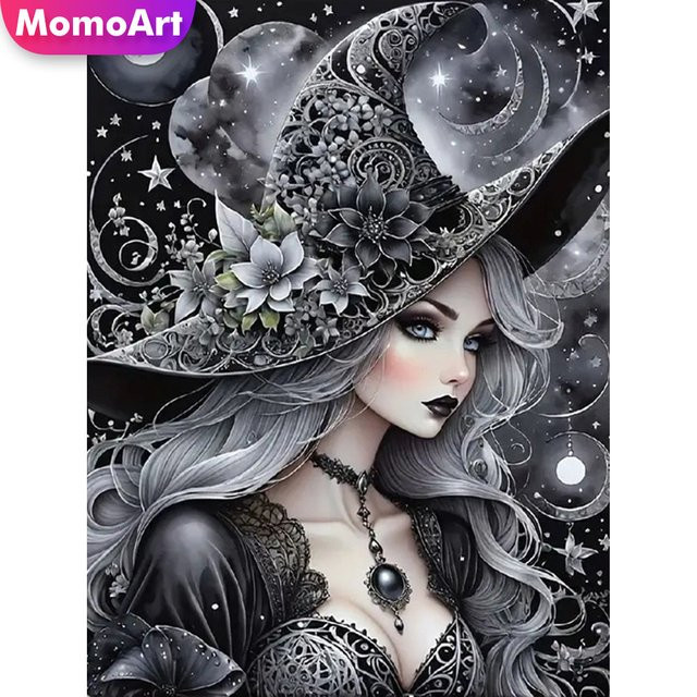 Momoart DIY Diamantmalerei Frau Porträt Hexe als Strass Diamant Mosaik Wanddeko, Mehrfarbig, B/H: 20 x 30 cm - Bild 1