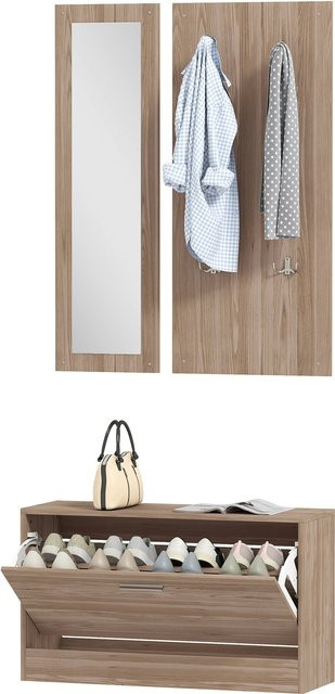 HOMCOM 3-teiliges Flurmöbel-Set aus Holz mit Schuhbank, Wandgarderobe und Spiegel in Dunkelbraun, B/T/H: 80 x 27 x 46,5 cm, Aosom - Bild 1