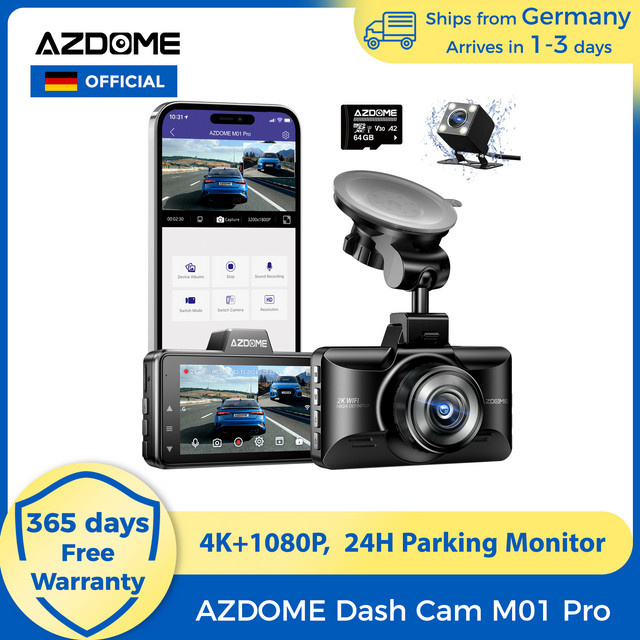 AZDOME 4K Dashcam M01 Pro mit 3-Zoll-Bildschirm, Vorder- und Rückkamera, ADAS, G-Sensor und 24-Stunden-Parkmodus, Schwarz - Bild 1