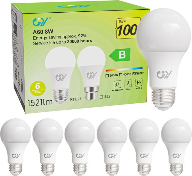 6er-Pack A60 E27 LED-Glühbirnen 8W mit 1521 Lumen, weiß, ersetzt 100W, 360 Grad Abstrahlwinkel, Energieklasse B, nicht dimmbar - Bild 1