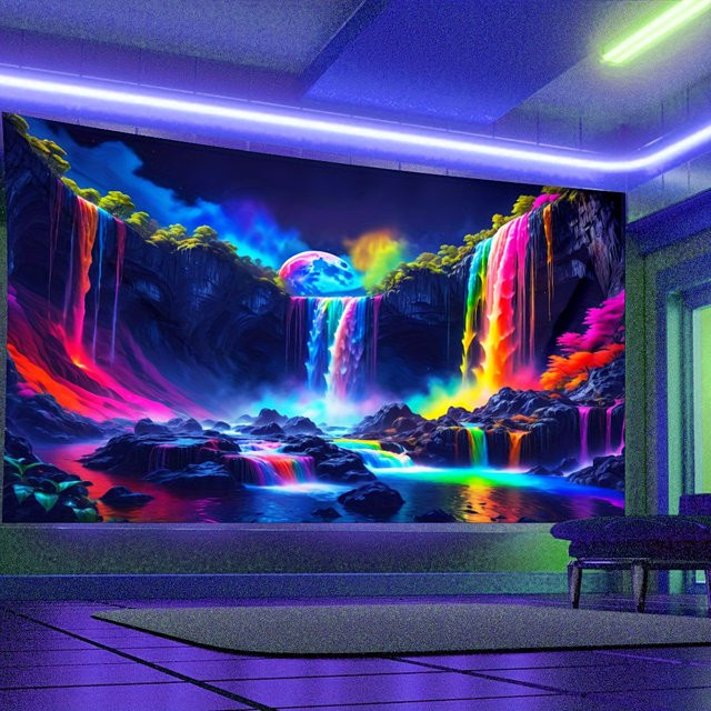 VIKAMA Leuchtender Regenbogen-Wasserfall-Wandteppich in Multicolour mit psychedelischer Neon-Landschaft als Wandbehang für Schwarzlicht-Partys - Bild 1
