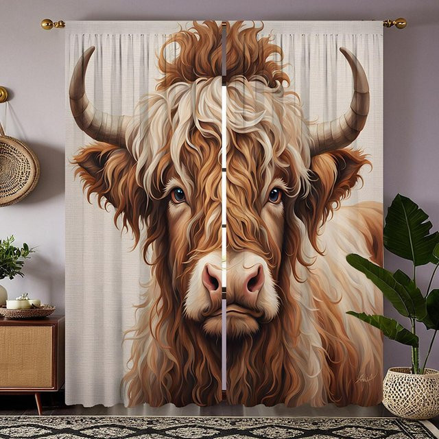 2er-Set Dekovorhang Yak-Prärie-Design mit Bindeband, digital bedruckt, halbtransparent, Gelb/Schwarz/Mehrfarbig, B: 132 cm, H: 160 cm - Bild 1