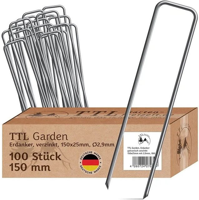 TTL GARDEN Erdanker aus verzinktem Stahl, 100 Stück, Farbe: Silber, H x B x T: 150 x 25 x 2,9 mm - Bild 1