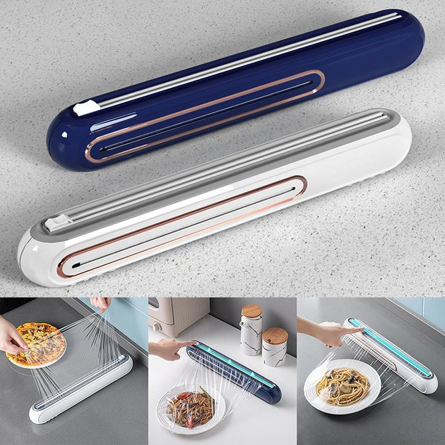 Magnetischer Kunststofffolien-Spender mit integriertem Cutter zur Wandmontage, nachfüllbar für Frischhaltefolie und Aluminiumfolie, Blau/Weiß - Bild 1