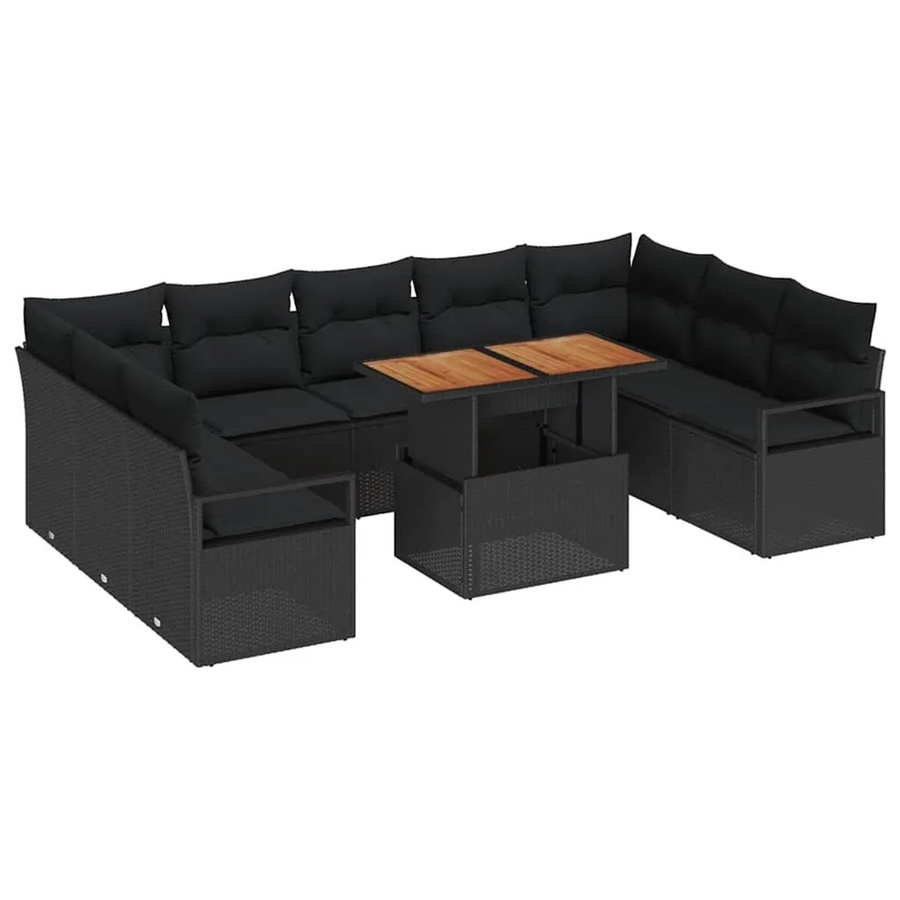vidaXL Garten-Sofa-Set 10-teilig in U-Form mit Kissen und Tisch, Schwarz und Braun - Bild 2