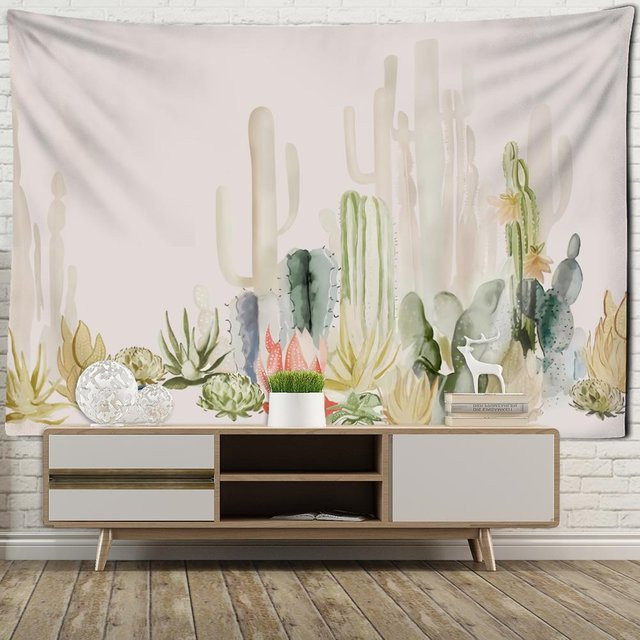 Boho Wandteppich mit Kaktus-Tuschemalerei, bunter tropischer Wandbehang im abstrakten Design, B/B/H: 150 x 150 x 0 cm - Bild 1