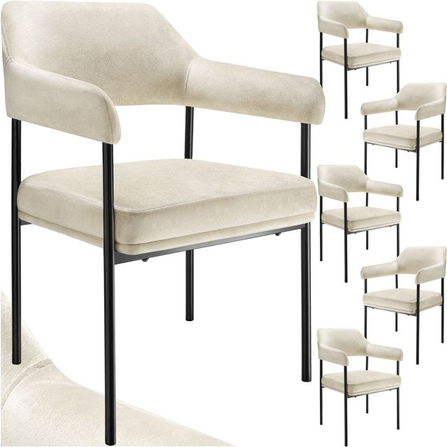 tectake Doé Armlehnstuhl 6er Set gepolstert in Samtoptik Off White B/T/H: 58 x 62 x 85 cm - Bild 1