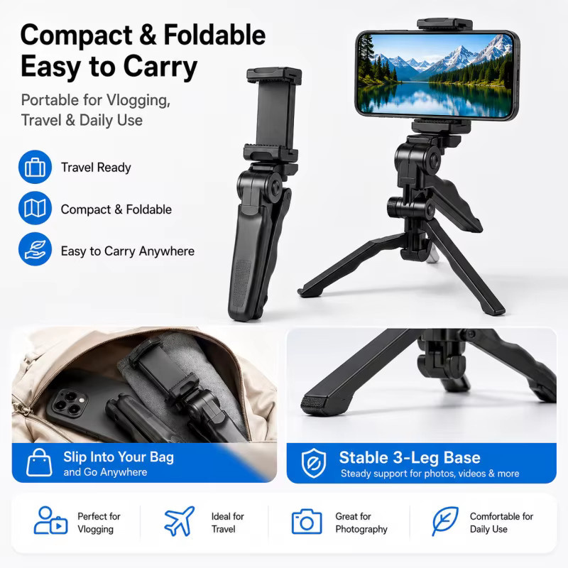 Universelles faltbares Smartphone-Stativ in Schwarz mit 360 Grad Verstellbarkeit für Live-Streaming, Vlogging und Fotografie - Bild 3