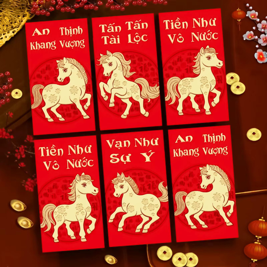 Rote Umschläge für das chinesische Neujahr 2026 Lunar New Year of The Horse Hong Bao Glücksgeld Päckchen aus Papier in Rot - Bild 3