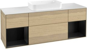 V&B Waschtischunterschrank Finion mit Wandbeleuchtung, Breite: 160 cm, Farben: Weiß, Blau und Eiche lackiert - Bild 1