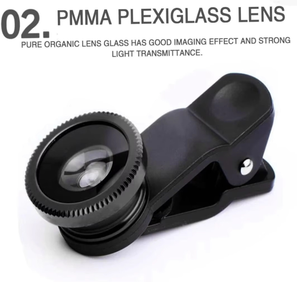 3in1 Fisheye Weitwinkel-Mikrokameraobjektiv mit Zoom und Telefonclip für iPhone und Xiaomi Redmi in Schwarz oder Blau - Bild 3