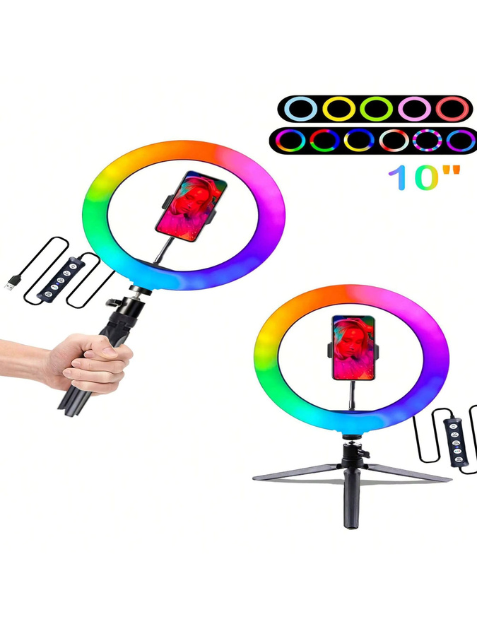 Dimmbares RGB-Ringlicht in Schwarz mit Stativständer und Telefonhalter für Make-up, Fotografie und Videoaufnahmen - Bild 4
