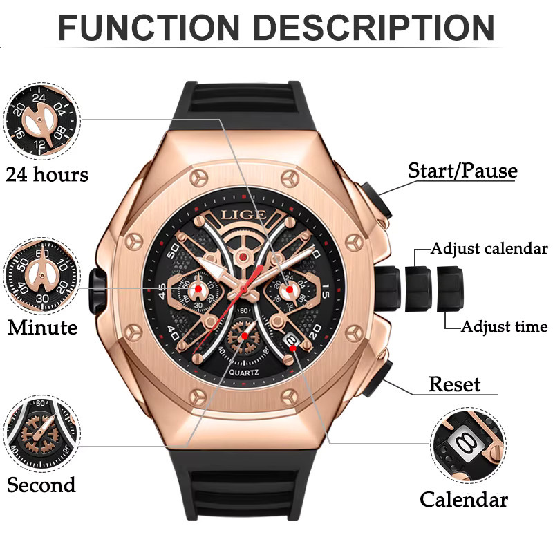 Lige Armbanduhr Chronograph, Silikon, Schwarz, Herren - Bild 3