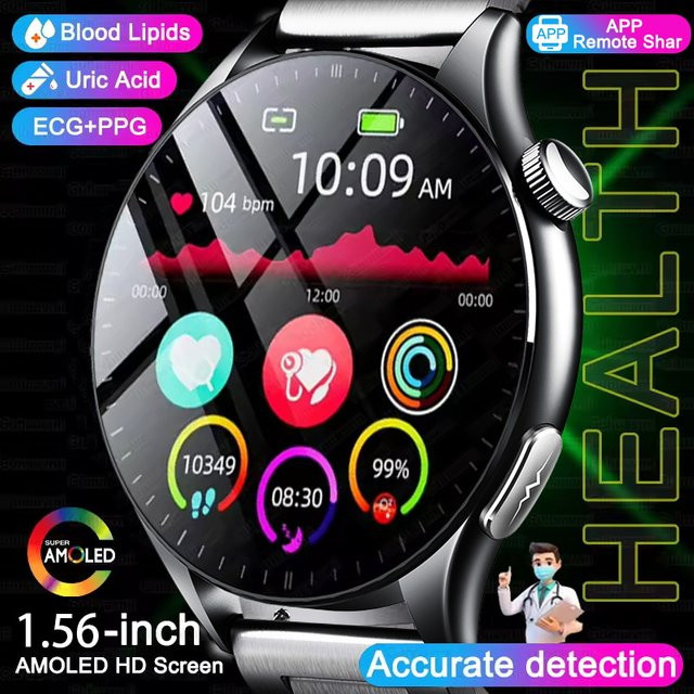 GUHUAVMI EKG-Smartwatch mit 1,56-Zoll-HD-Saphirglas-Display in Schwarz zur nicht-invasiven Gesundheitsüberwachung von Blutfett und Harnsäure - Bild 1