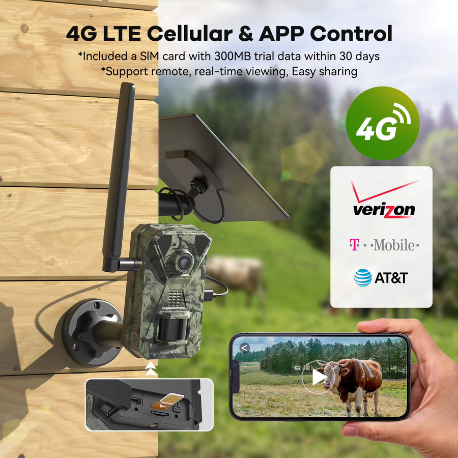TMEZON 4G LTE Wildtierkamera mit Solarpanel und App-Übertragung, 2.7K Jagdkamera mit SIM-Karte, PIR-Bewegungssensor und Nachtsicht (ohne SD-Karte) - Bild 4